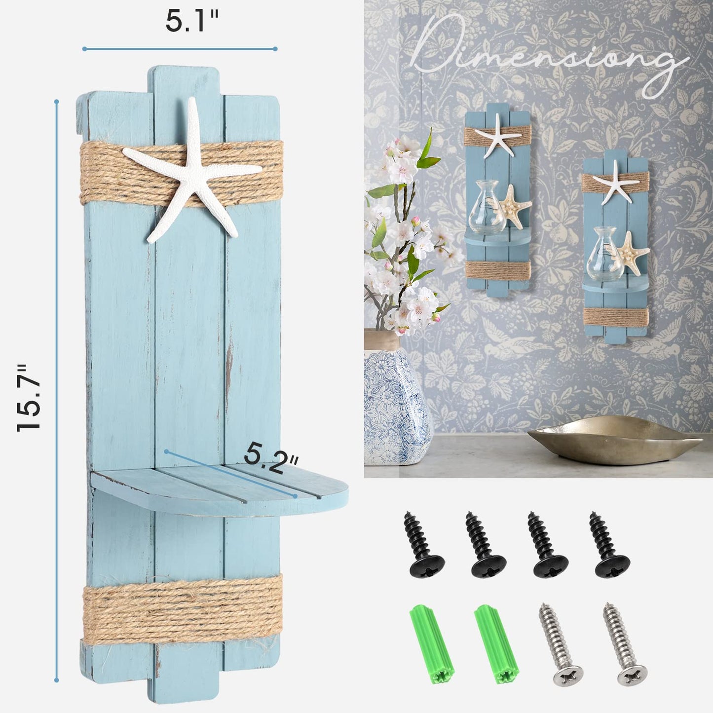 SOMTO Beach Starfish Wall Candle Sconces Decor,Ocean Themed Wall-Mount Candle Holders, Coastal Farmhouse Nautical Rustic Decorations for Bathroom, Living Room, Dining Room and Office, Set of 2