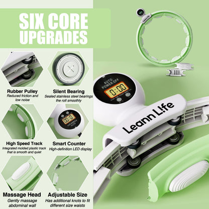Leann L!fe U5-16 Knots with Counter, U5 Silent Smart Weighted Hula Hoop for Adults Weight Loss Infinity Hoop Plus Size, Home Outdoors Fitness Exercise, Abdominal Toner, (Green-Waist 28"~46")