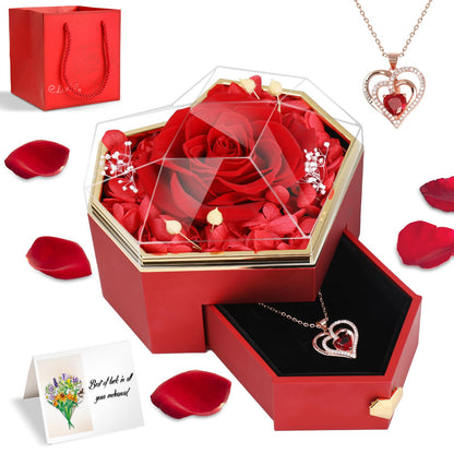 Joniuuca Preserved Real Red Rose Gift Box with Heart Necklace - Eternal Flower Gift for Mothers Day, Girlfriend, Wife, Mom on Valentine's Day, Birthday, Christmas, Anniversary, Thanksgiving(Golden)