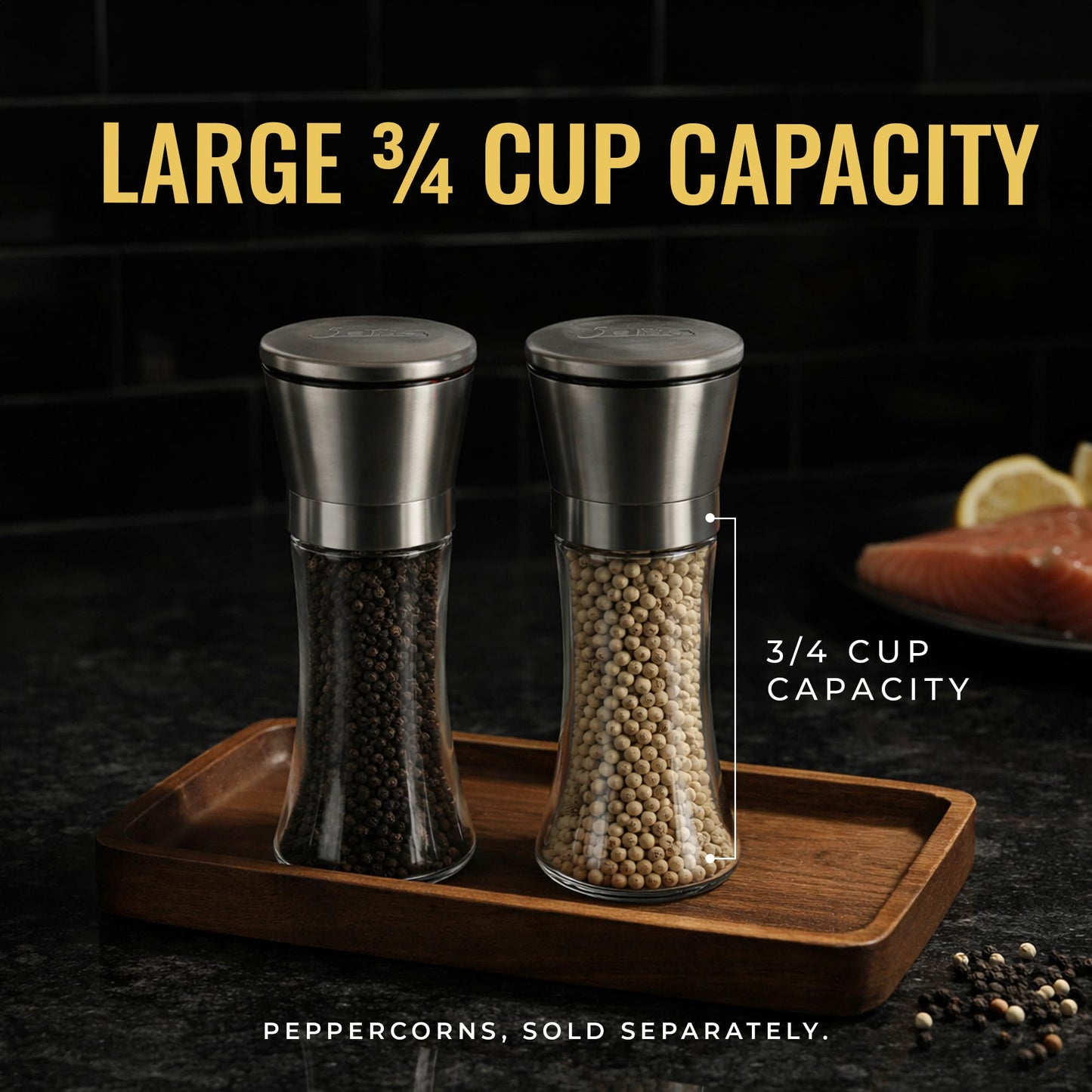 5Senses SpiceCare Salt and Pepper Grinder Set of 2 (200ml) | Stainless Steel & Glass Manual Pepper Mill | Adjustable Ceramic Coarseness | Refillable Salt Shaker for Peppercorns, Sea Salt & Spices