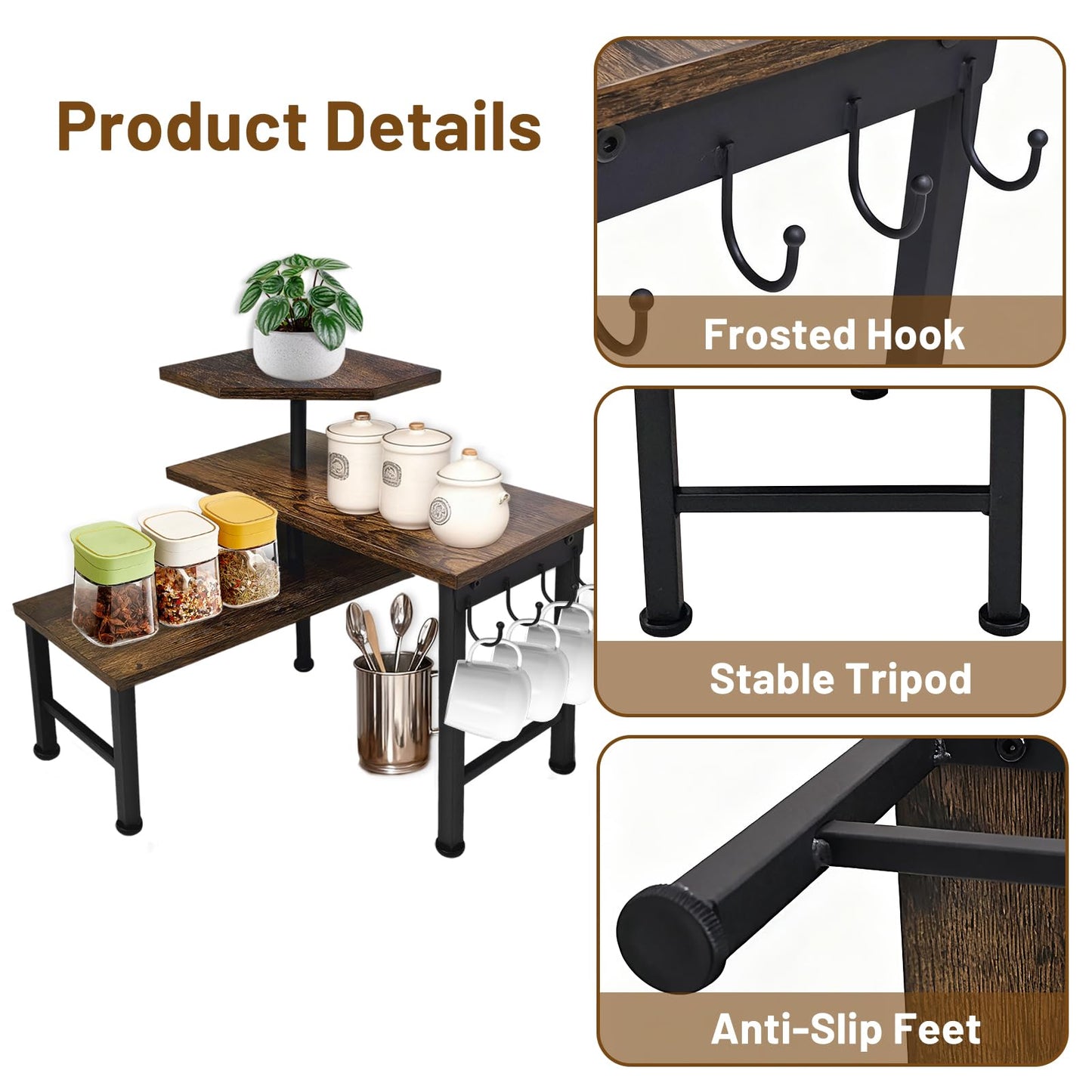 Kitchen Countertop Organizer, 3 Tier Moveable Corner Shelf Kitchen Shelf with Hook, Countertop Organizer for Bathroom, Spice Rack, Bookshelf, Coffee Area, Dresser Table (Brown)
