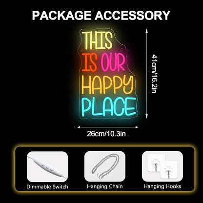 NOSUN This is Our Happy Place Neon Sign Happy Place Neon Signs for Wall Decor Dimmable Warm White LED Signs for Bedroom Classroom Man Cave Home Bar Birthday Party Game Zone Decor Neon Classroom Sign