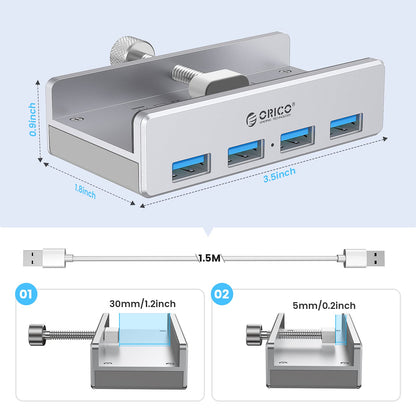 ORICO USB 3.0 Hub, USB Hub Clamp, Aluminum 4-Port USB Splitter with Extra Power Supply Port and 4.92 FT USB Data Cable, Desktop Powered USB Hub for Monitors/Desks-Black (Without Power Adapter)
