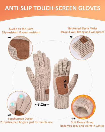 Winter Beanie Hat Scarf Gloves Set for Women, Pom Pom Beanie with Fleece Lined Long Knit Neck Warmer Fingers Touchscreen Gloves, Fashionable Cute Warm 3 in 1 Gift Set for Cold Weather(A-07) Camel