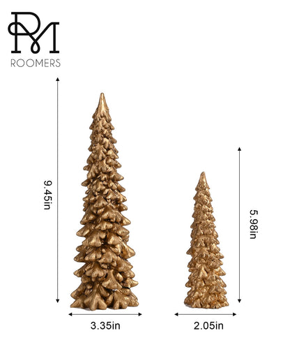 RM ROOMERS Christmas Tree Figurines, 2Pcs Christmas Trees Resin Distressed Gold Table Top, Small Xmas Tree Figurine Set, Decorative Xmas Trees for Rustic Mantle Centerpieces