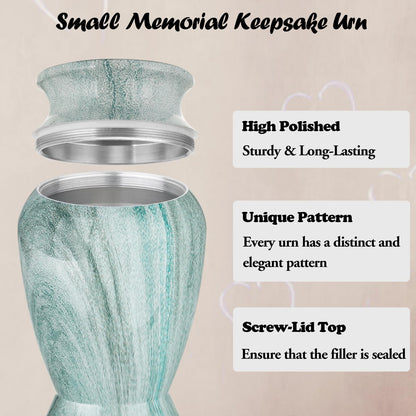 Dletay Small Urns for Human Ashes Keepsake with Box 2.85 Inch Memorial Mini Cremation Urn for Women Men Aluminum Decorative Funeral Urns Case- Lake Green