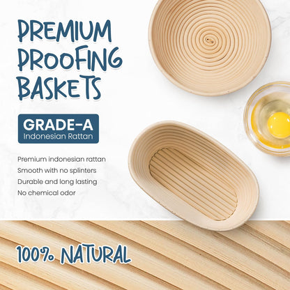 RORECAY Bread Banneton Proofing Basket Set, 9 Inch Round & 10 Inch Oval Cane Sourdough Baskets with Dough Whisk Bread Lame Dough Scraper Bowl Scraper Silicone Brush Sourdough Bread Baking Supplies