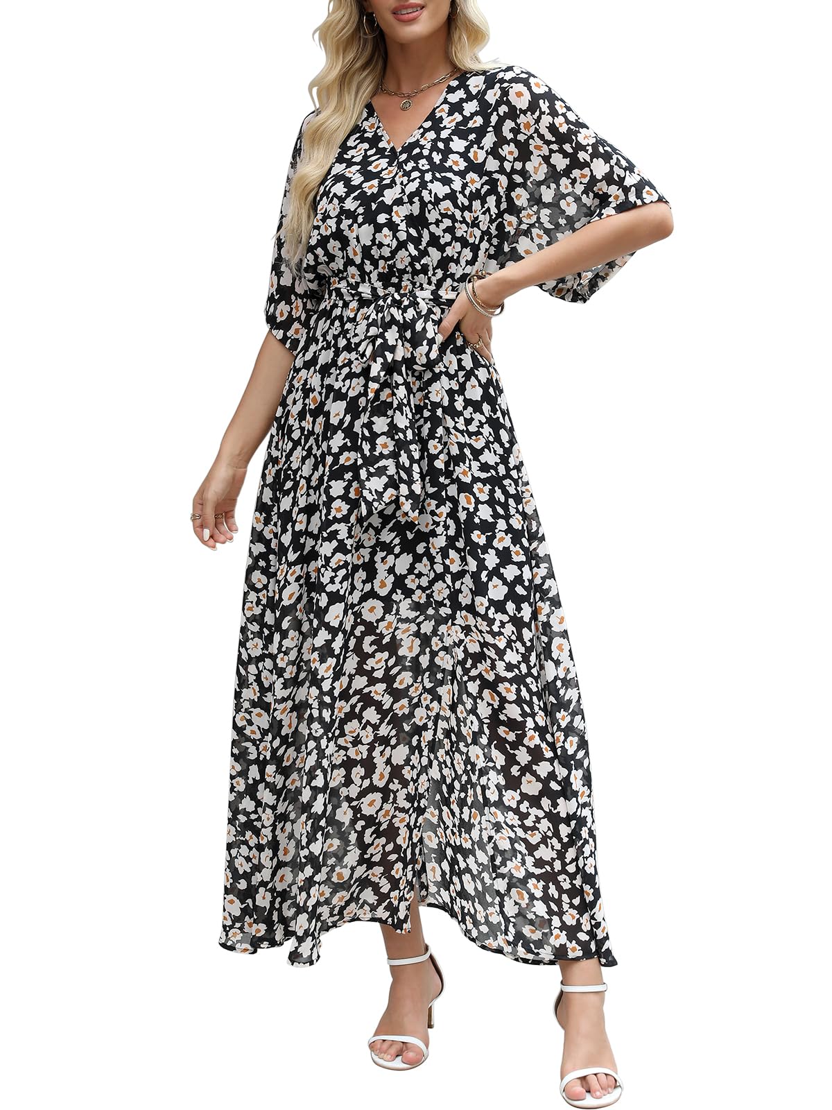ANRABESS Womens 1/2 Sleeve Beach Wedding Guest Maxi Dresses 2025 Fall Wrap V Neck Boho Floral Flowy Slit Long Summer Dresses
