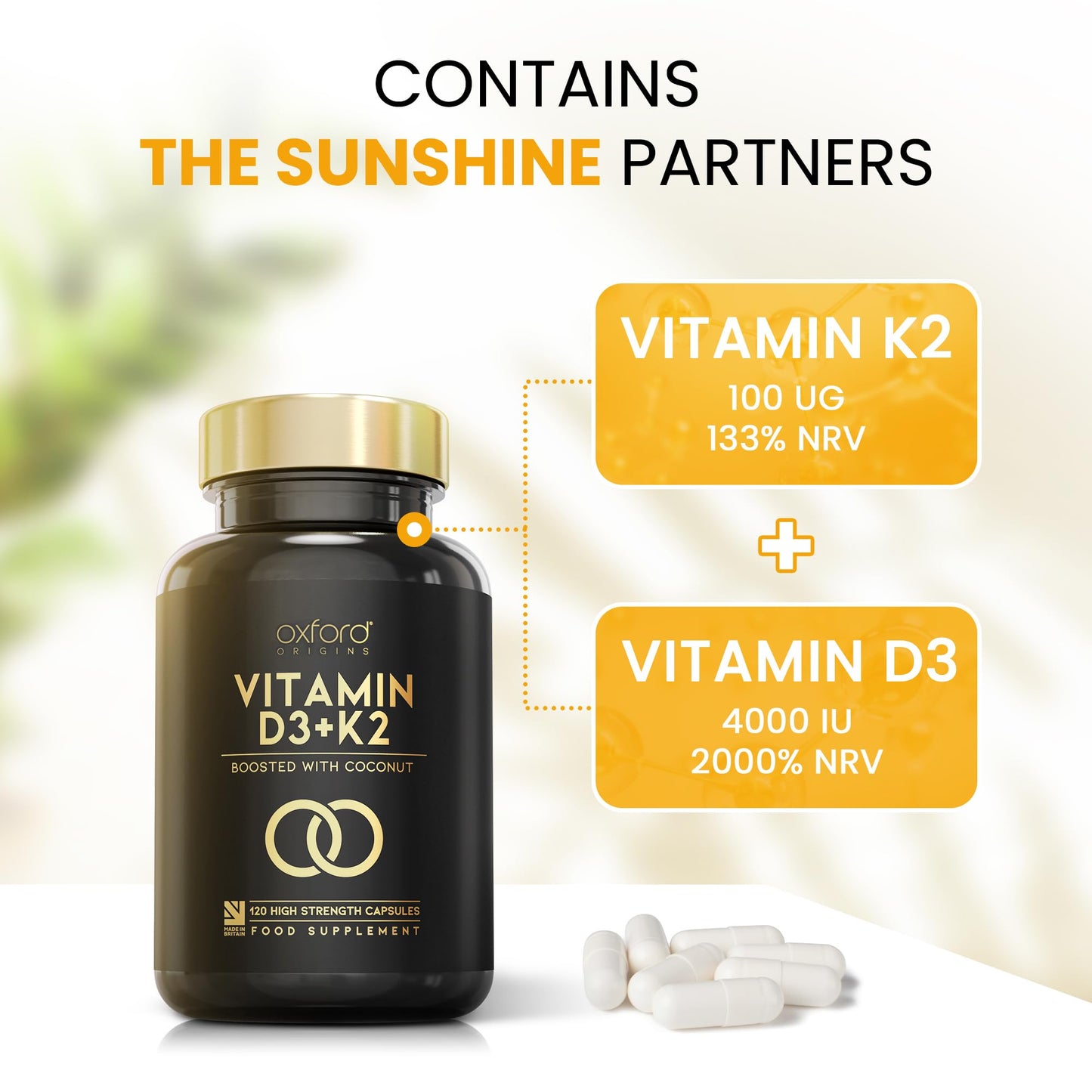 Oxford Origins Vitamin D3 K2 Capsules | Made in The UK | 4000 iu Vitamin D3 & 100mcg K2 MK7 | Boosted with Coconut MCTs for Absorption | 4 Month Supply - 120 Capsules
