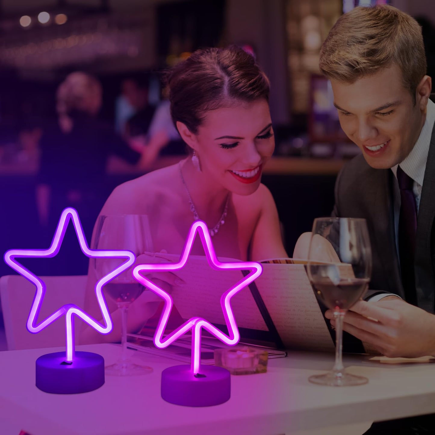 TT·SSTIE Star Neon Sign LED Star Lights for Wall Decor Battery Powered or USB Neon Star Light with Base Neon Sign for Bedroom Party Bar Gift Birthday Decoration Pink & Purple-2PCS