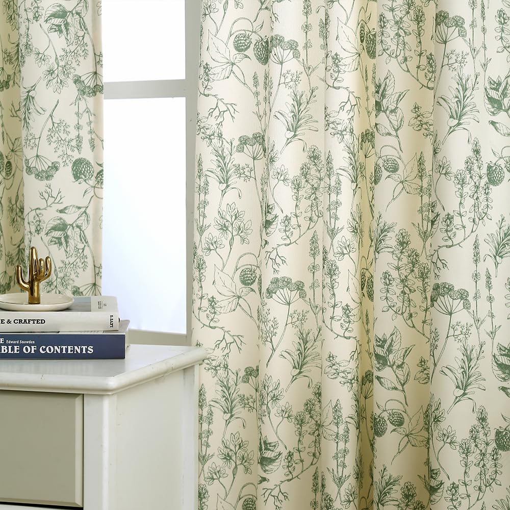 Autum Dream Blackout Curtains 2 Panels Chenille Curtains Drapes for Bedroom Back Tab Rod Pocket Poppy Floral Farmhouse Curtains for Living Room, Patio Doors,Green Floral, 52" W x 84" L