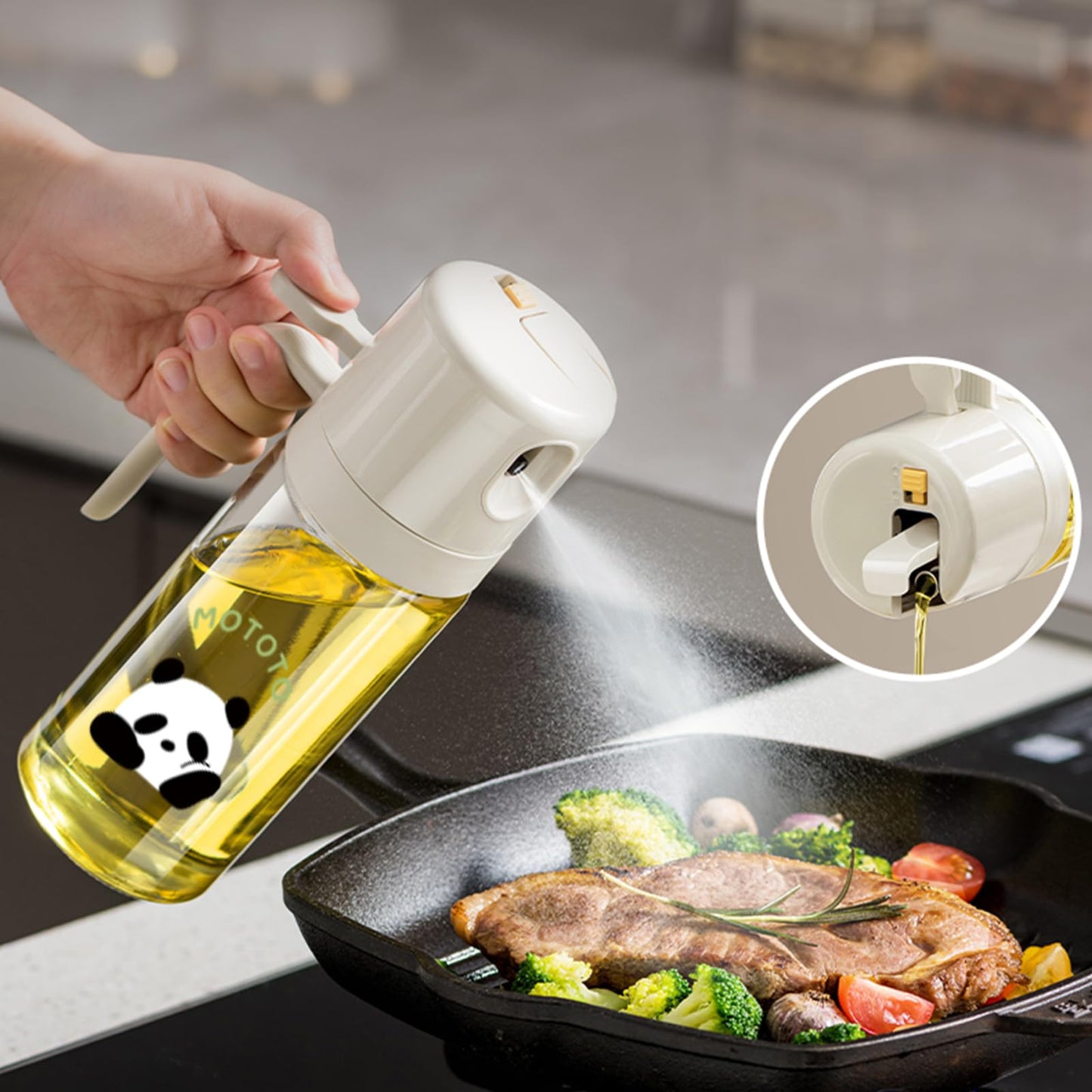 Oil Sprayer for Cooking, 18.6oz/550ml 2 in 1 Olive Oil Dispenser Bottle for Kitchen, Oil Mister Spray Bottle for Cooking, Air Fryer, Salad, Frying, BBQ (Creamy White)