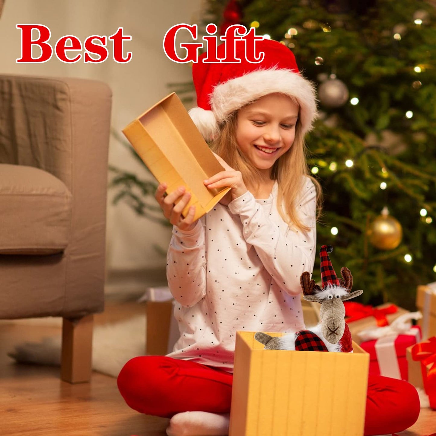 Leipple Reindeer Christmas Decoration Christmas Deer Decor - Swedish Santa Elk Figurines Table Decorations Handmade Plush Gnomes Buffalo Plaid for Home Indoor Holiday Decor (Red)
