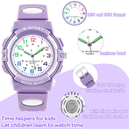 GUUMUXIN Kids Watch for Girls, Analog Wrist Watches for Kid, Waterproof Outdoor Sports Watch Rubber for Girls and Boys 5-16 Years, Purple