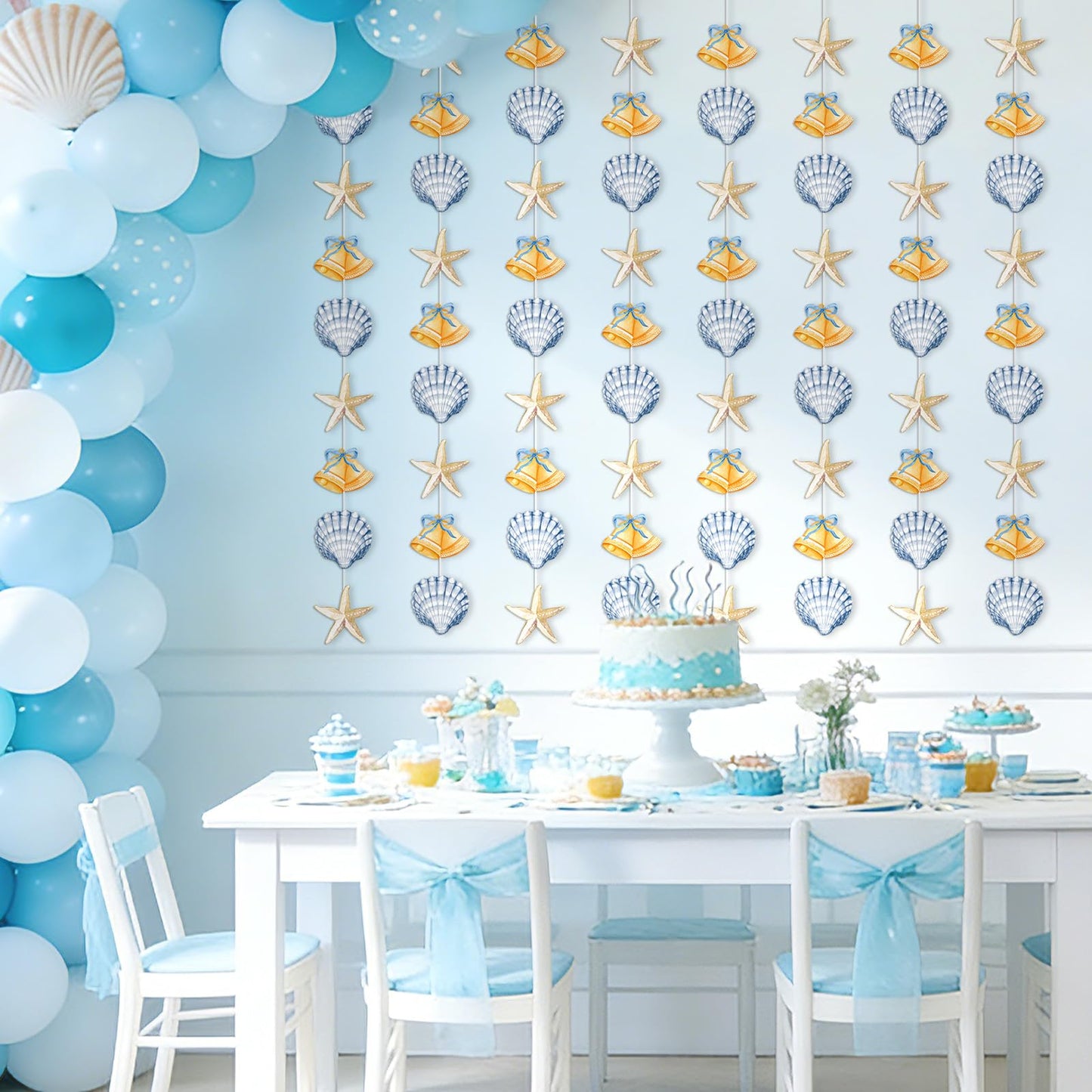 JarThenaAMCS 8 Pack Ocean Garland Coastal Beach Party Decorations Nautical Seashell Starfish Bells Hanging Banner Ornaments Pre-Assembled for Summer Under the Sea Wedding Baby Shower Mermaid Party