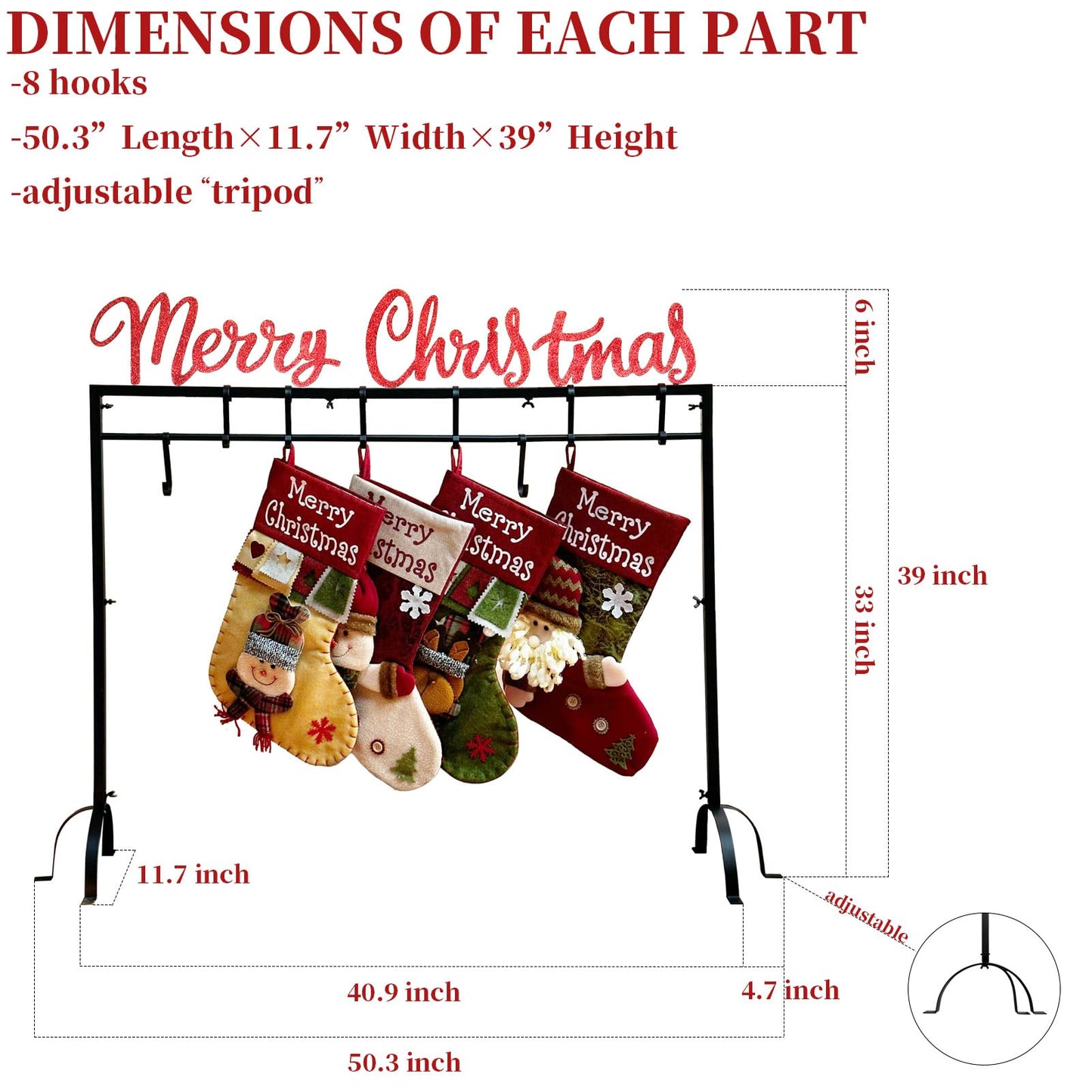 HUTHDAK Metal Merry Christmas Stocking Holder Stand with 8 Hooks,Heavy Duty Freestanding Christmas Stocking Holder Stand for Floor.Deluxe Christmas Stocking Stand-Easy Assembly and Stand for Home