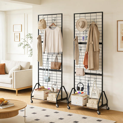 ELYKEN 2 Pack Foldable Grid Wall Panels 5.7' x 2' FT, Movable Wire Gridwall Display Rack with Wheels and Adjustable Foots, Retail Display Stand for Vendor with Storage (Rustic Brown)