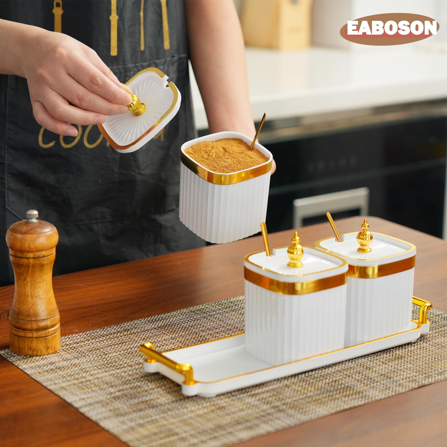 EABOSON 3 Pack Gold Condiment Spice Jars with Lids, Spoons, Tray - Plastic Seasoning Box Set for Salt, Pepper, Sugar - Kitchen Storage