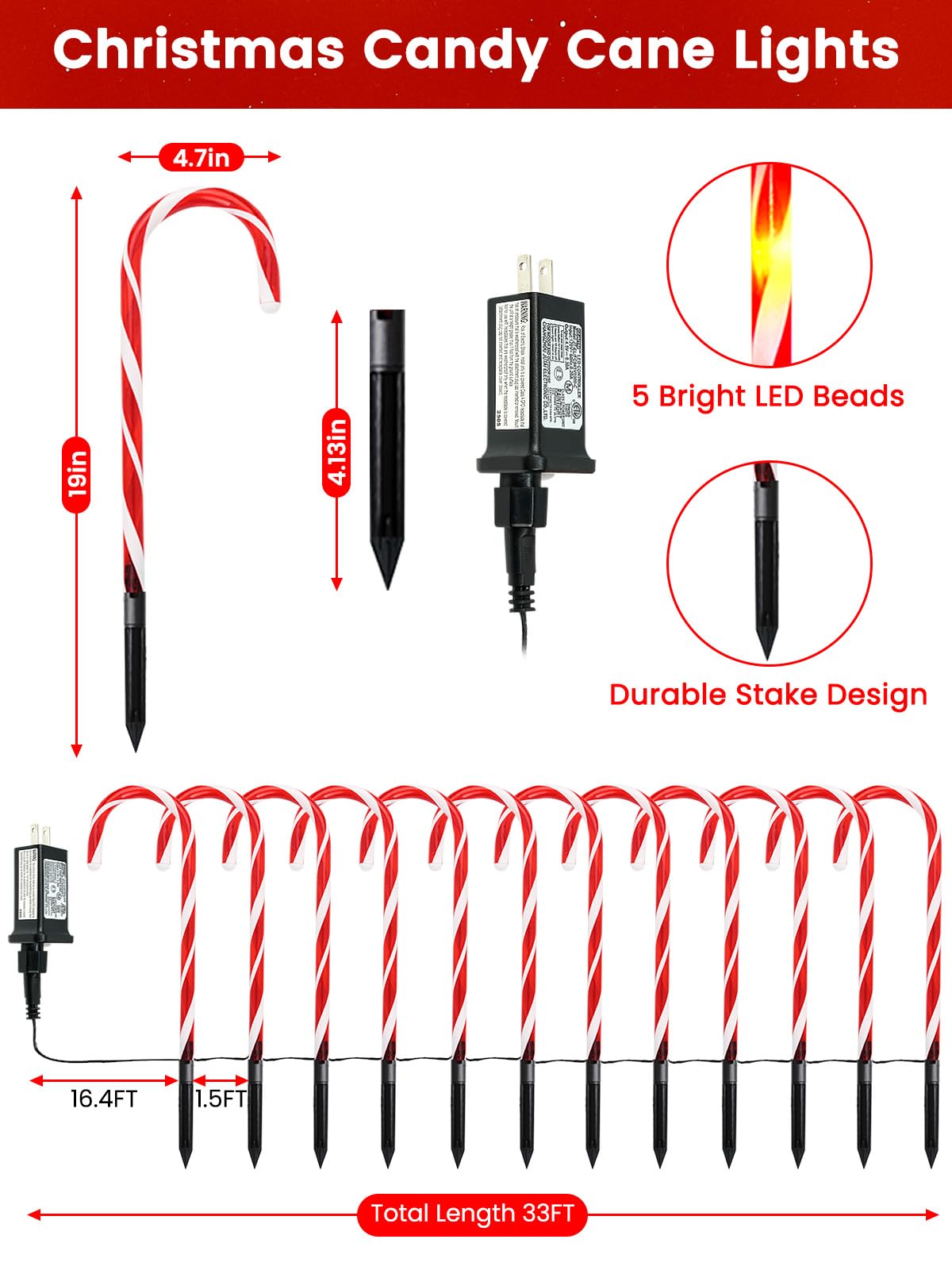 BOSSERN 24 Pack Christmas Candy Cane Lights Plug in, Jumbo Candy Cane Light Waterproof, 8 Modes Christmas LED Decorations for Outdoor, Pathway Lights Plug in for Garden Lawn Yard Patio Decorations