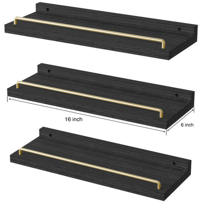 RYOFOBETTO Floating Shelves for Wall Decor, Black and Gold Shelves for Bathroom, Living Room, Bedroom, Picture Frames, Plants, Kitchen (Set of 3)