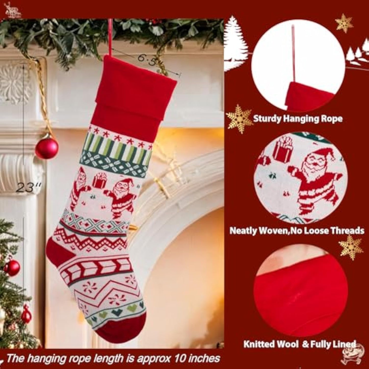 Ficrfart 6 Pack Christmas Stockings, 22'' Large Embroidered Knit Christmas Stocking, Holiday and Family Knitted Xmas Stocking for Fireplace or Party Decoration A3