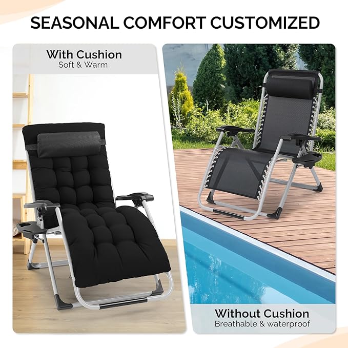VINGLI 29" Padded Zero Gravity Chair, Lounge Chair with Removable Cushion & Tray， Folding Reclining Patio Chairs， Recliner Chair for Lawn，Indoor Outdoor-Black