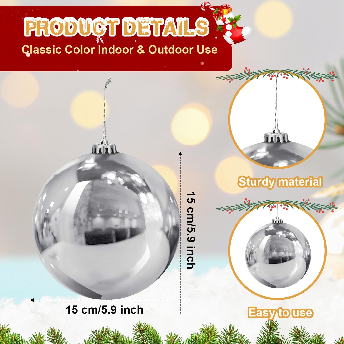 Hiboom 4 Pcs Christmas Ball Ornaments Plastic 6 Inch Christmas Tree Decoration Balls Large Xmas Decorative Hanging Ornament for Home Outdoor Outside Holiday Lawn Yard Party Supplies(Silver)