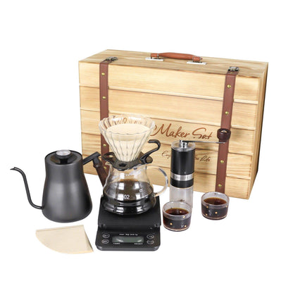 SOTECH Pour Over Manual Coffee Maker Set 2 Cup Coffee Dripper with Wooden Suitcase Coffee Kettle Scale Bean Grinder All In 1 Traveling Camping Hiking