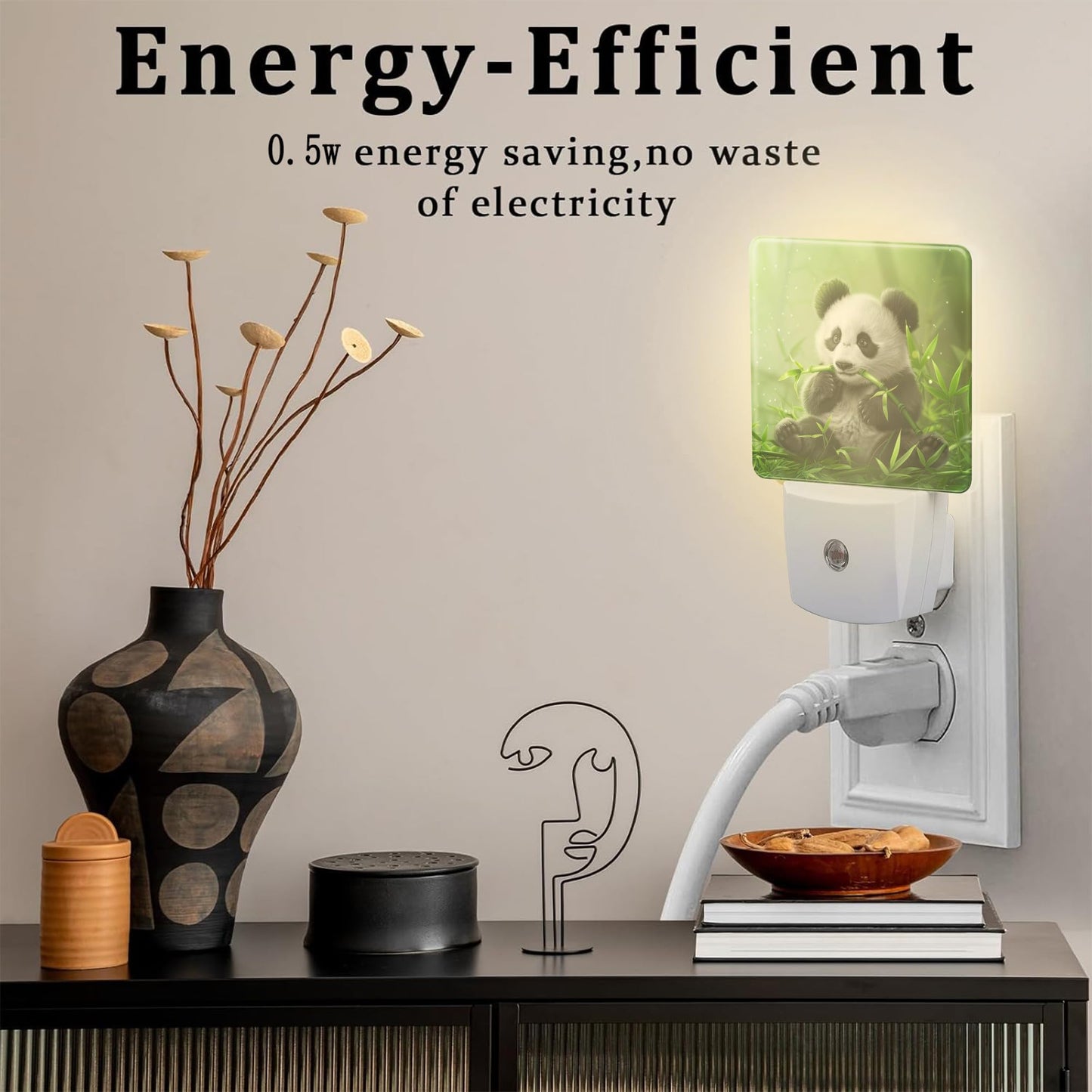 sndheke Cute Panda Eating Bamboo Night Light, Natural Animal Green Leaves Dusk to Dawn Night Light Plug in, 0.5W Energy Saving Sleep Friendly NightLight for Kids Boys Girls Home Decor