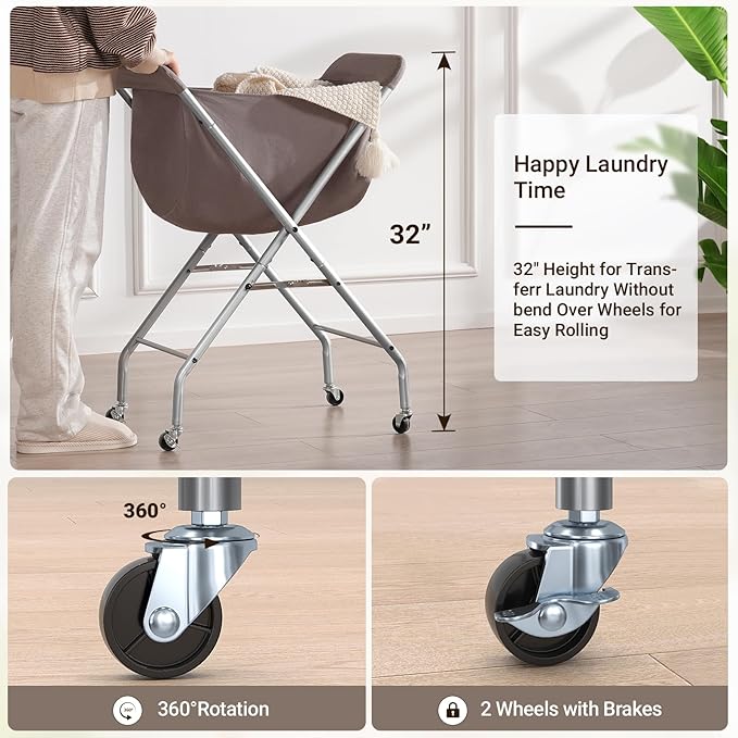 ELYKEN Laundry Cart with Wheels, 32”H Easy Rolling Laundry Hamper with