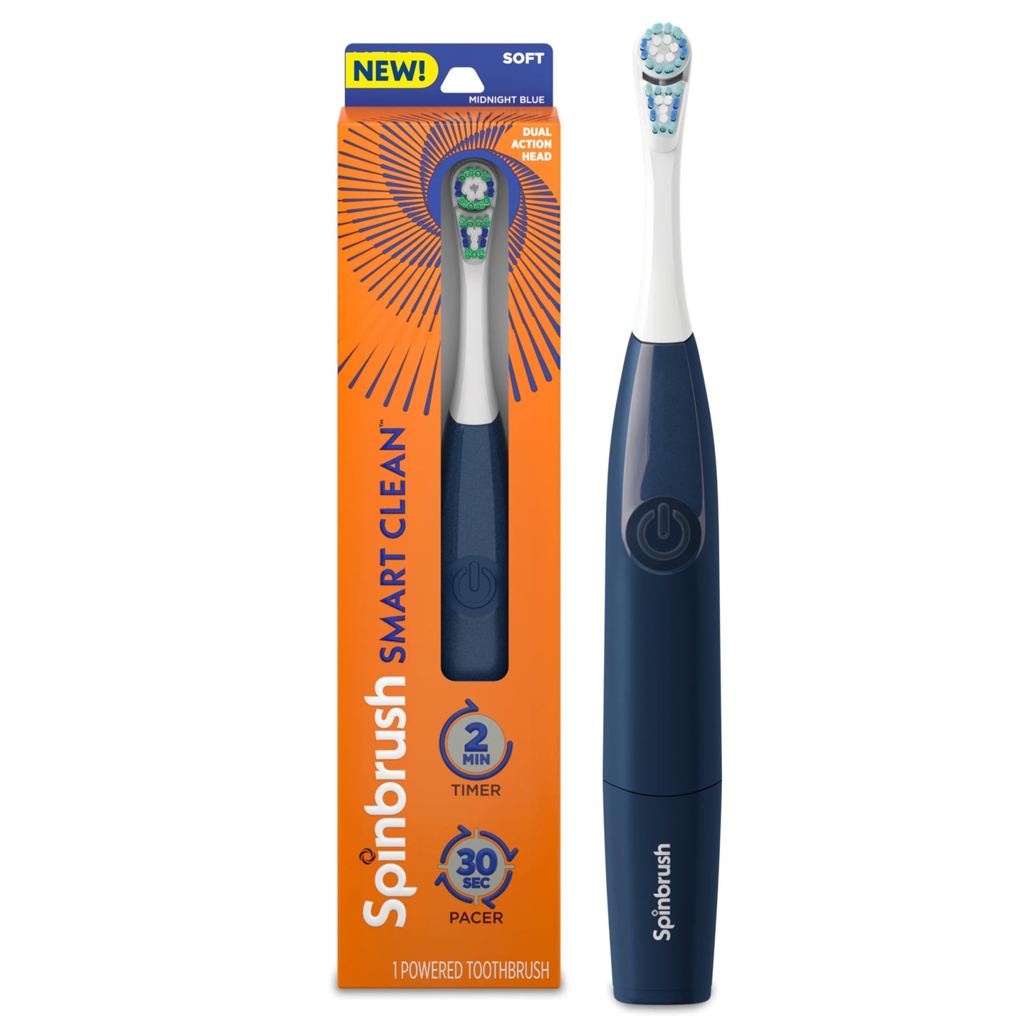 Spinbrush Smart Clean Battery Powered Electric Toothbrush for Adults with Dual Action Head, Pacer & Timer, Champagne, Soft Bristles, 1 Count