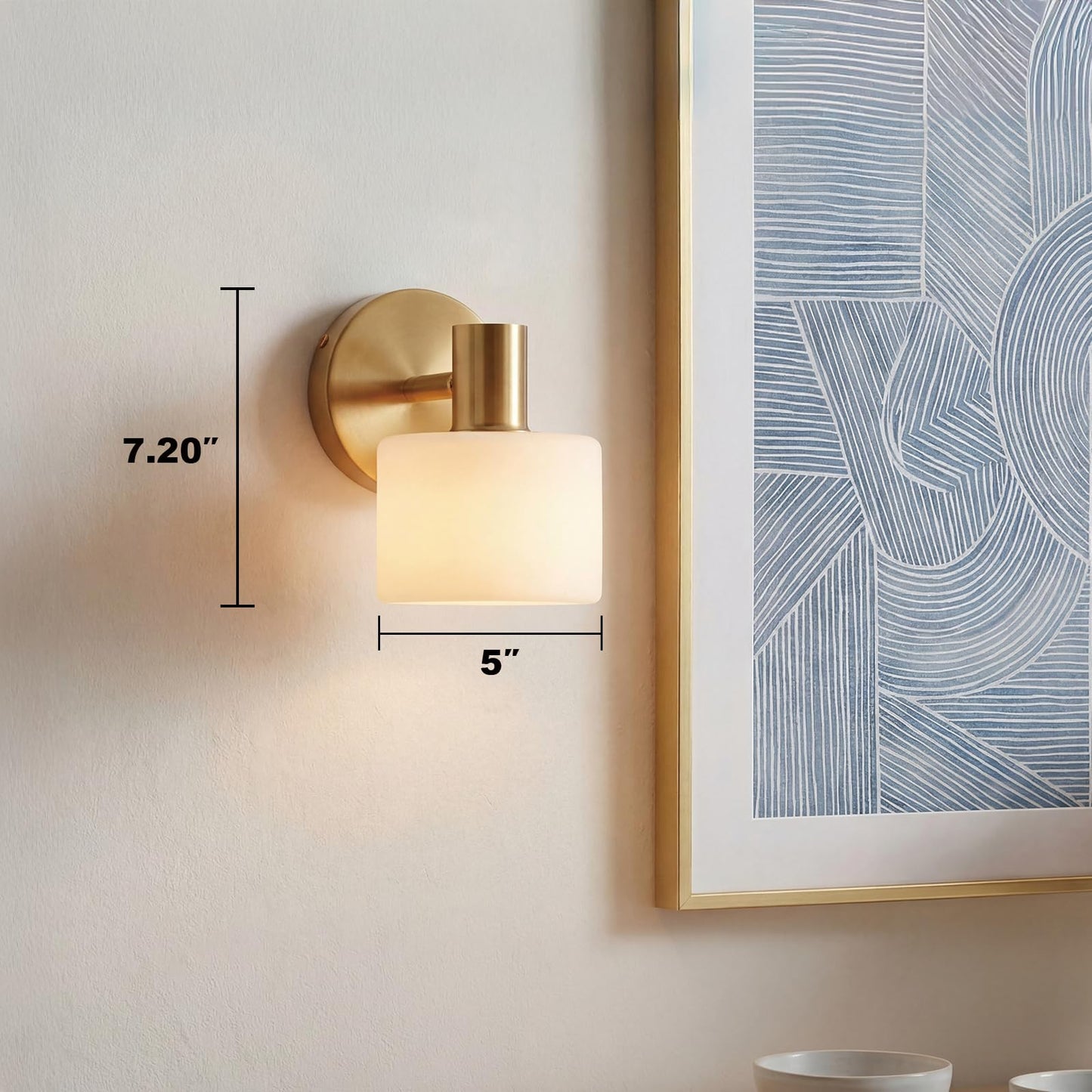 CKENSU White Ceramic Wall Sconce, 5" Modern Wall Mount Light with Brass Finsh Plated, Small Wall Lamp for Bedroom, Living Room, Porch, Kitchen