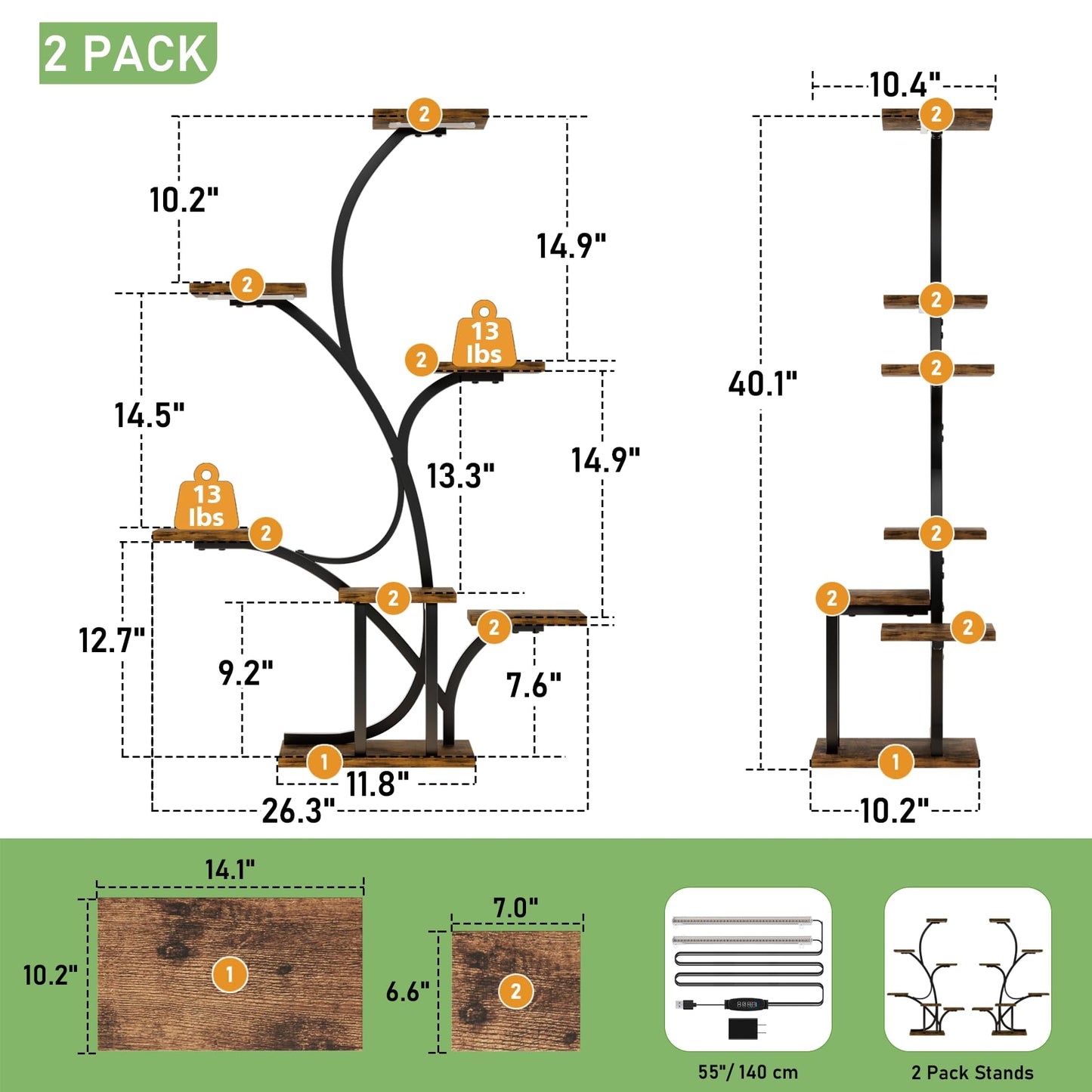 Plant Stand Indoor with Grow Lights - 2 Pack Plant Shelf, 7 Tier Lighted Corner Plant Stands for Indoor Growing, 40" Metal Flower Holder, Tree-Shaped Display Shelves with Adjustable Light, Black