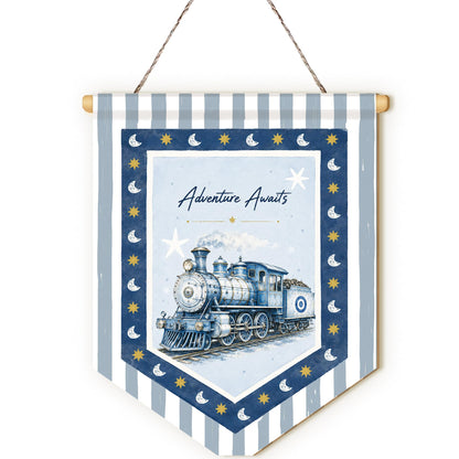 MOTERMATE Adventure Awaits Train Sign Decor, Moon Stars Boy Nursery Blue Striped Front Door Wall Hanging Decor Decorations for Kids Nursery Room Bedroom Playroom Classroom, 8x10 Inch