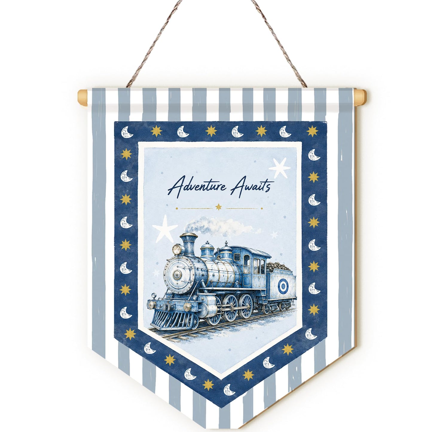MOTERMATE Adventure Awaits Train Sign Decor, Moon Stars Boy Nursery Blue Striped Front Door Wall Hanging Decor Decorations for Kids Nursery Room Bedroom Playroom Classroom, 8x10 Inch