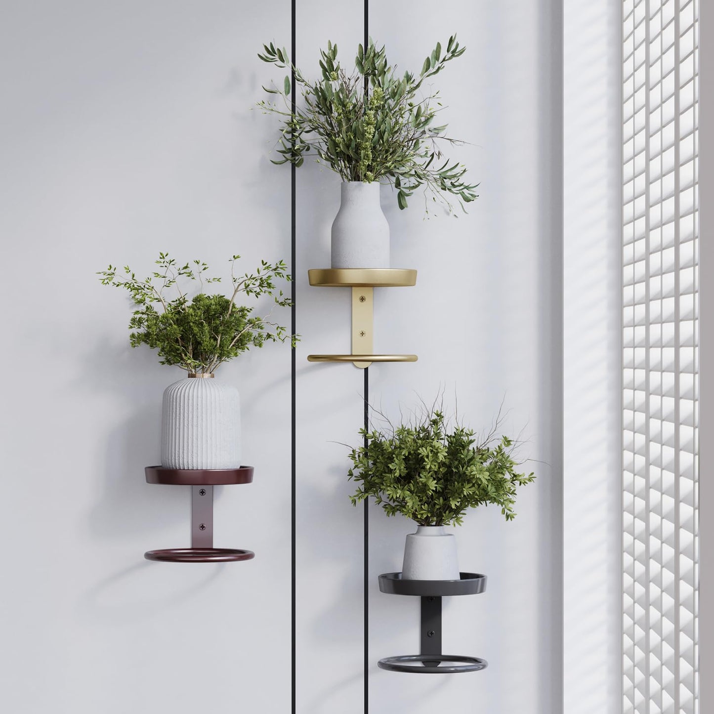 Rioneta Metal Wall Plant Holder for Indoor Plants, Modern Stylish Wall Decor, Space-Saving Vertical Shelf for Home, Garden & Office 3 Pack Gold