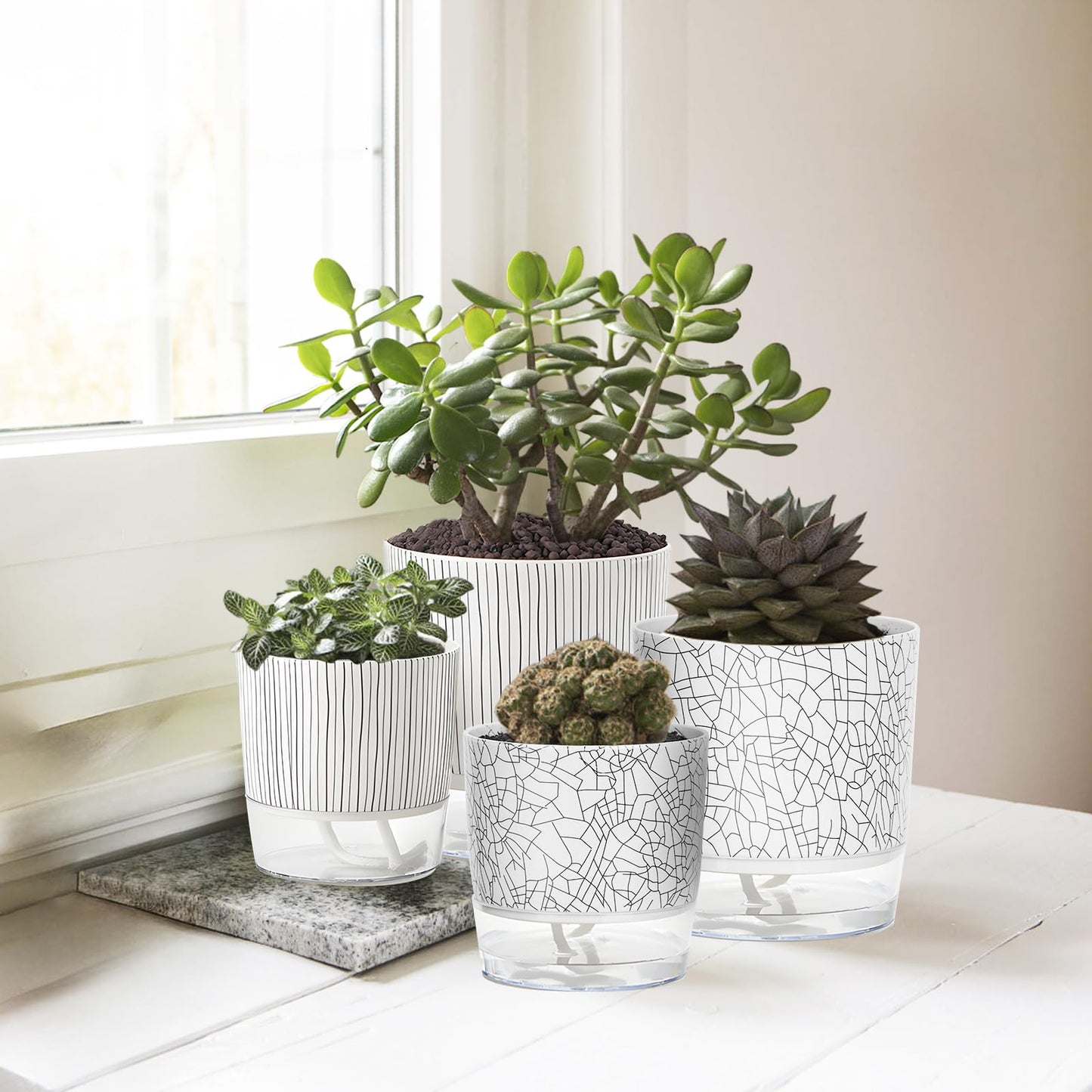 Samhe 4 Pack Self Watering Pots for Indoor Plants, 4/5.5 Inch Lightweight Planters with Water Reservoir, Flower Pots for African Violet, Spider Plant, Orchid