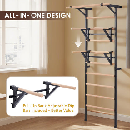 Morohope Solid Beechwood Stall Bar, 90" Swedish Ladder Wall Gym with Pull-up Bar & Dip Station, 220lbs Capacity Wall Mounted Gymnastics Ladder for Home Gym Training, Stretching & Bodyweight Exercise