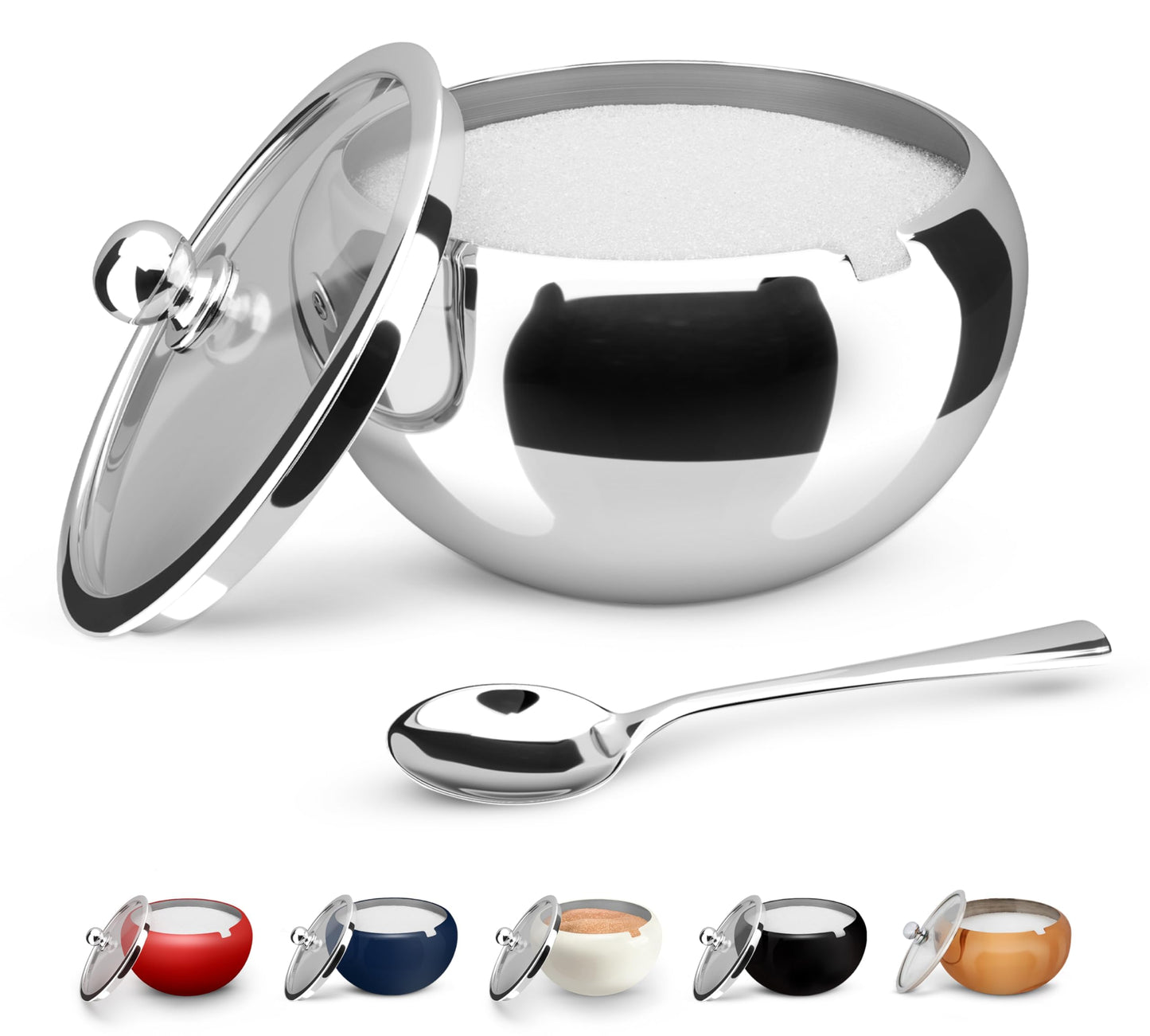 KooK Sugar Bowl with Lid and Spoon, Container with Lid, for Salt, Coffee, Holds 2 Cups, Dishwasher Safe, Stainless Steel, 16 Oz