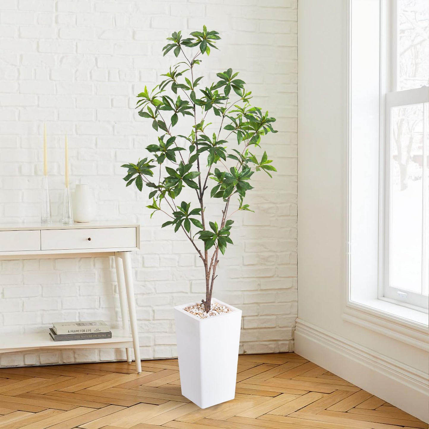 HAIHONG Artificial Brave Ficus Tree 5FT-Faux Tree with White Tall Planter-Fake Potted Tree with Silk Leaves-Tall Artificial Plants for Home Office Living Room Hallway Decor Indoor