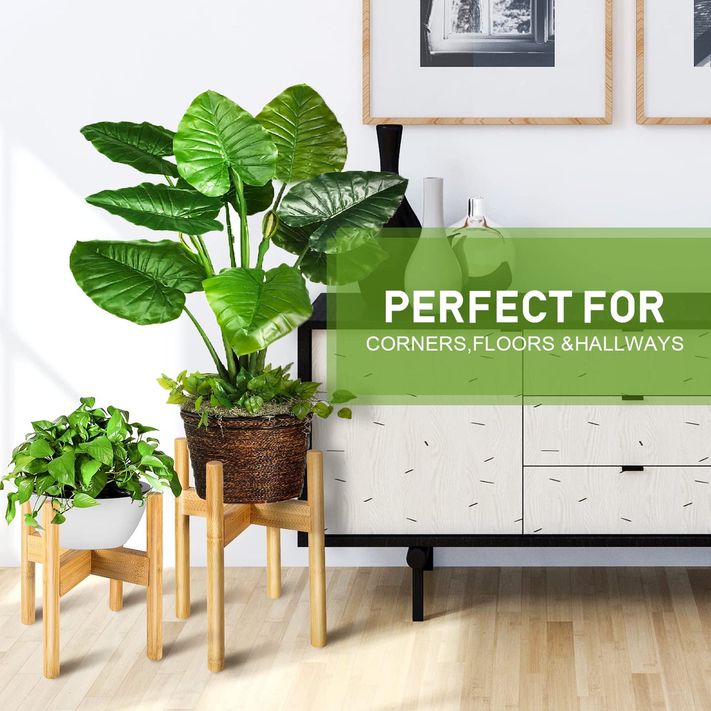 BESHOF 2 Pack Bamboo Plant Stands, Adjustable Plant Stand Indoor, Mid Century Modern Plant Stand, Plant Holder for Living Room, Balcony Fits 8 to 12 Inches Pots (Beige)