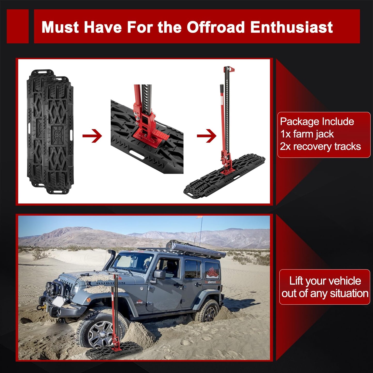 BUNKER INDUST Offroad High Lift Jack with Pair Traction Board Mate,48" FarmJack with Sand Mud Snow Track Mat Board, Offroad Tire Recovery Kit for Car Truck Jeep ATV SUV UTV