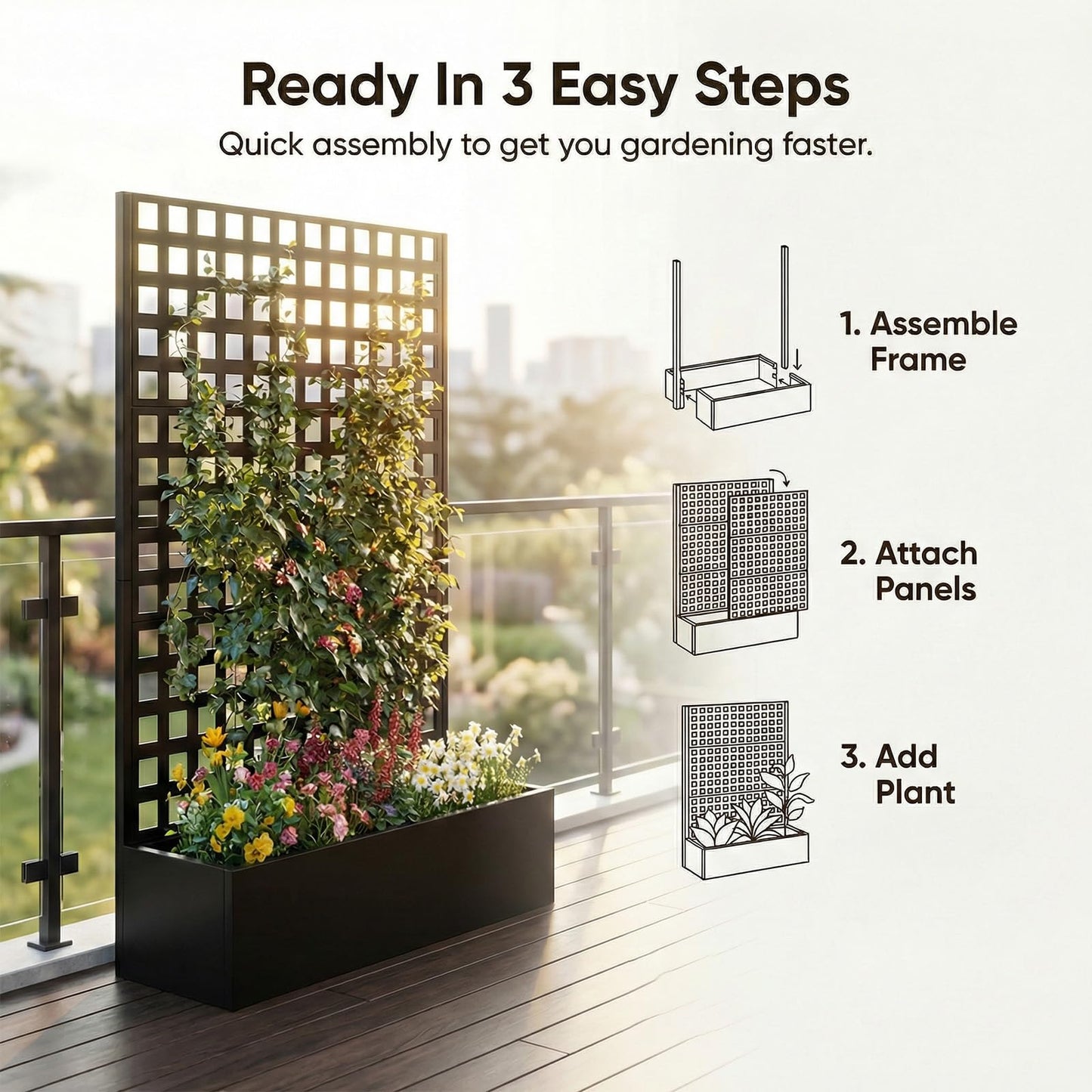TABU Metal Planter Box with Trellis, 71"x47"x16" Galvanized Steel Raised Garden Bed with Privacy Screen, Multi-Functional Outdoor Standing Planter with Drainage Holes for Climbing Plants, Black