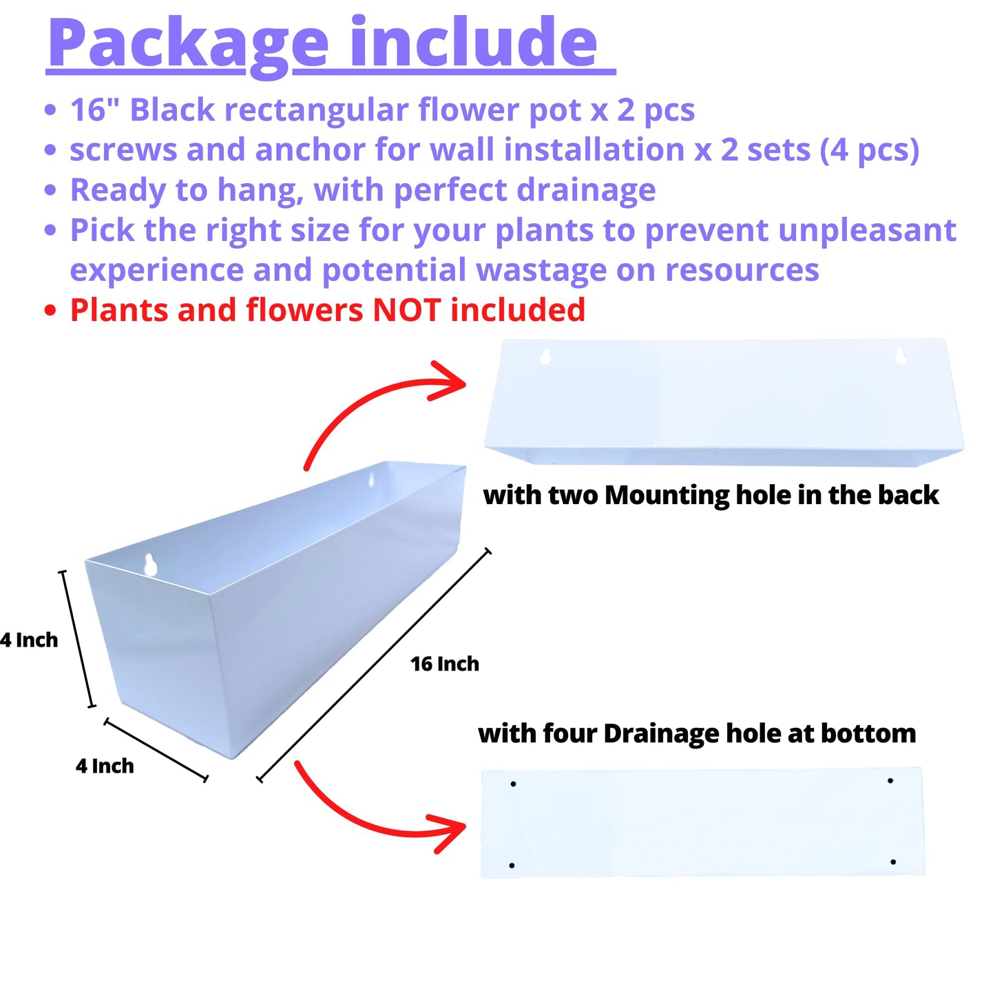 LaLaGreen Wall Planter (16 Inch, 2 Pack) Carbon Steel White Metal Hanging Flower Pot for Succulents, Wall Mount Rectangular Window Sill Box Fence Floating Garden Shelf for Deck Indoor Outdoor Decor