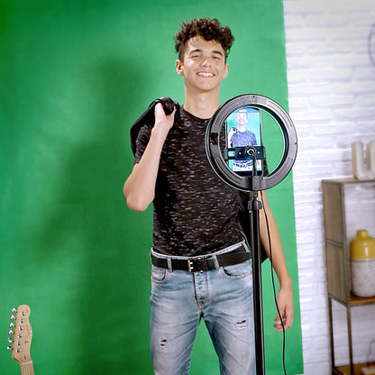 Studio Creator Video Maker Kit Deluxe, Colour LED Ring Light + XL Green Screen, 1m Tripod, Remote, Clip-On Selfie Ring Light + Guide. For Ages 8+