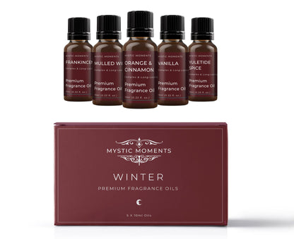 Mystic Moments | Winter Fragrance Oil Gift Starter Pack 5x10ml | Frankincense, Mulled Wine, Orange & Cinnamon, Vanilla, Yuletide Spice | Perfect as a Gift