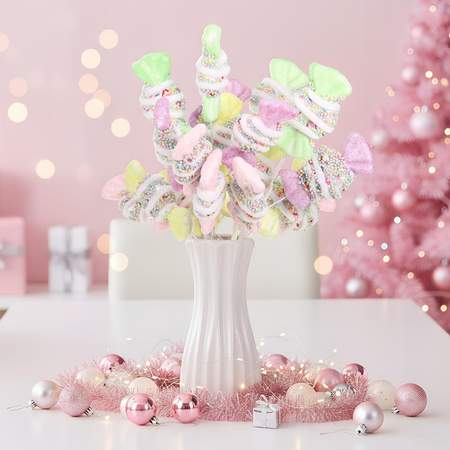 Norme 5 Pcs 16 Inch Pastel Candy Christmas Tree Picks Decoration, Gitter Candy and Lollipop Picks for Christmas Tree Branches, Xmas Ornaments for Wreath Vase Filler Home(Bow Sweets)