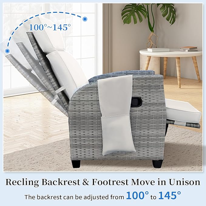 Outdoor Wicker Recliner Chair, 145° Patio Lounge Chair with 4" Cushion, Adjustable Backrest & Footrest, Flip-up Table & Side Pocket for Backyard, Deck, Balcony, Terrace, Poolside
