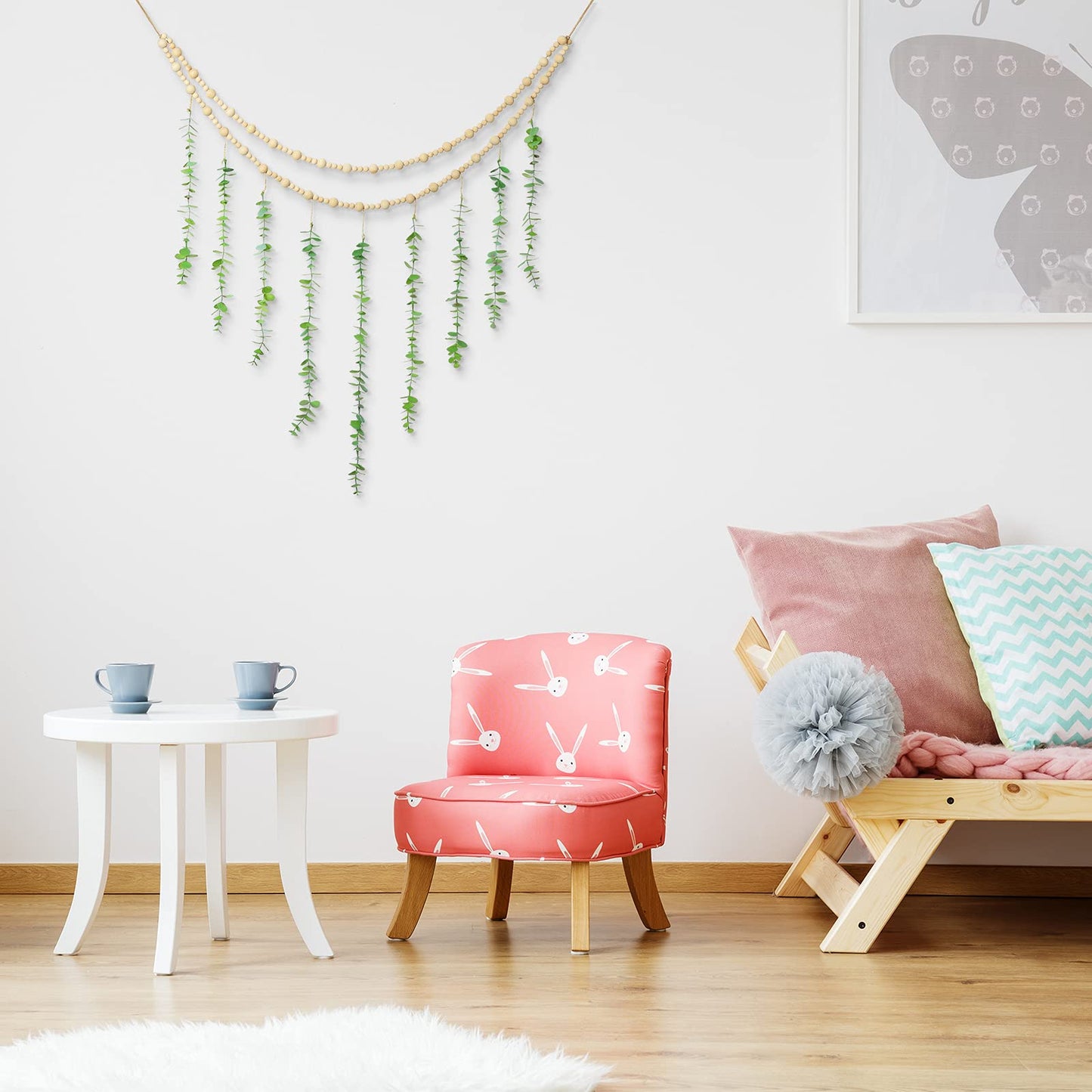 Hanging Eucalyptus Boho Wall Decor Large Boho Bedroom Wall Hanging Wooden Bead Garland Artificial Eucalyptus Natural Greenery Decoration, 36 x 36 Inch