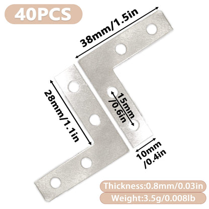 Joyangy 40 Pack Silver L Corner Brackets, 1.5x1.5inch Small Decorative Iron Corner Braces for Wood, Metal Flat Bracket Braces for Furniture, Shelf Support, Home and DIY Projects